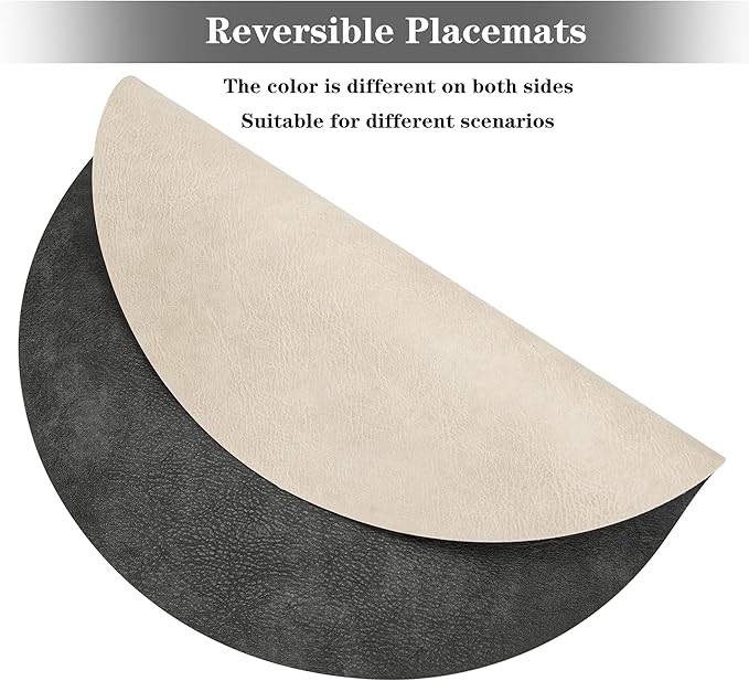 Round Placemats and Coasters Set of 4, Washable Reversible Faux Leather Placemats Cowhide Pattern Place Mats Wipeable Non-Slip 15 inch Round Kitchen Dining Table Mats (Gray Beige, 4)