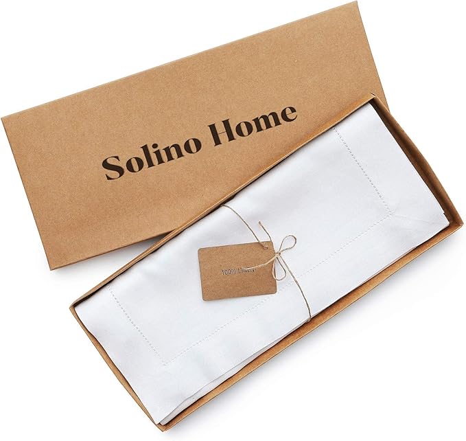 Solino Home Linen White Table Runner 36 Inches - Classic Hemstitch, 100% Pure Linen Coffee Table Runner 14 x 36 Inch Ideal for Dresser Tables - Winter, Valentines, Spring, Easter