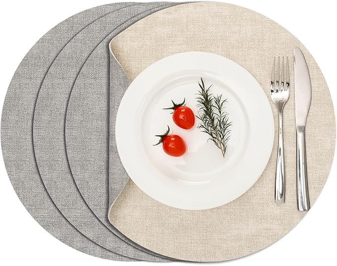 Myir JUN Reversible Vinyl Round Placemats Set of 4, Faux Leather Place Mats Dual Sided Waterproof Wipeable, Heat-Resistant Table Mats for Kitchen Dining Indoor Outdoor (14", Light Gray Cream-White)