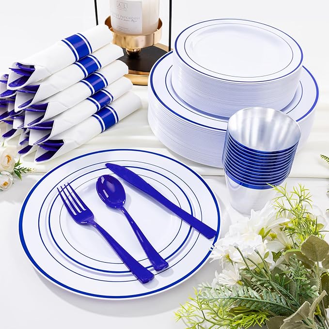 WELLIFE 350 Pcs Blue Plastic Plates for 50 Guests - Plastic Dinnerware Set,Party Supplies Includes 100 blue plates,150 Silverware,50 Napkins,50 Cups,Blue and White Plates