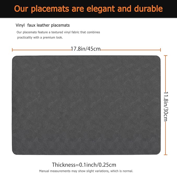 Vinyl Placemats Set of 6 Faux Leather 100% Waterproof Wipeable Washable Place Mats Heat Resistant Easy Clean Non-Slip Table Mats for Indoor Outdoor. (6,Gray)