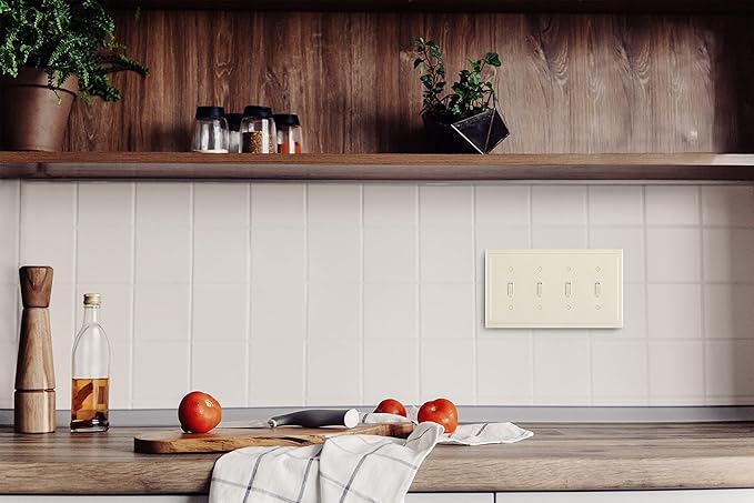 Henne Bery Modern Edge Decorative Wall Plate Switch Plate Outlet Cover, Durable Solid Zinc Alloy (Quad Toggle, Light Almond)