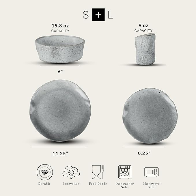 Stone by Mercer Project Atik Modern Stoneware 16-Piece Dinnerware Set, Plate and Bowl Set, Dish set for 4, Grey Speckled