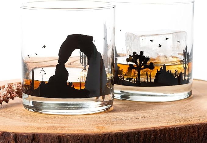 Black Lantern Desert Landscape Whiskey Glasses - Hand-Printed Rock Glass Set - Dishwasher Safe Tumbler Glass Set Set of 2 11oz. Glasses