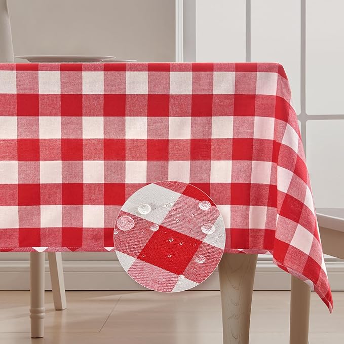 BALCONY & FALCON Gingham Table Cloth Rectangle – Reversible Water-Resistant Cotton Checkered Tablecloth for Valentine， Outdoor Picnic, Camping, Kitchen, Holiday Party Decor (Red White, 55x71 Inch)