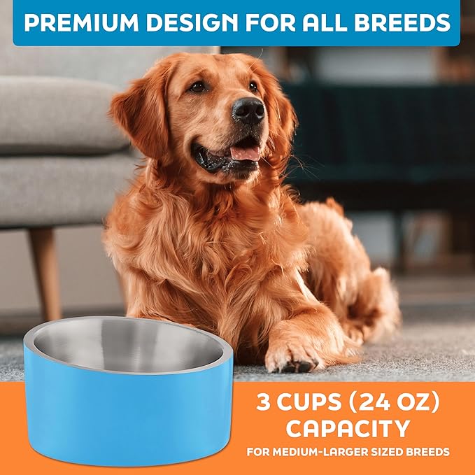 Master Pet Supply Stainless Steel Slanted Dog Cat Food Bowl - 24 oz Heavy Duty - True Blue, Double Wall Insulated, Non-Slip Elevated Bowl for French Bulldogs Pugs Cats, Anti Rust Dishwasher Safe