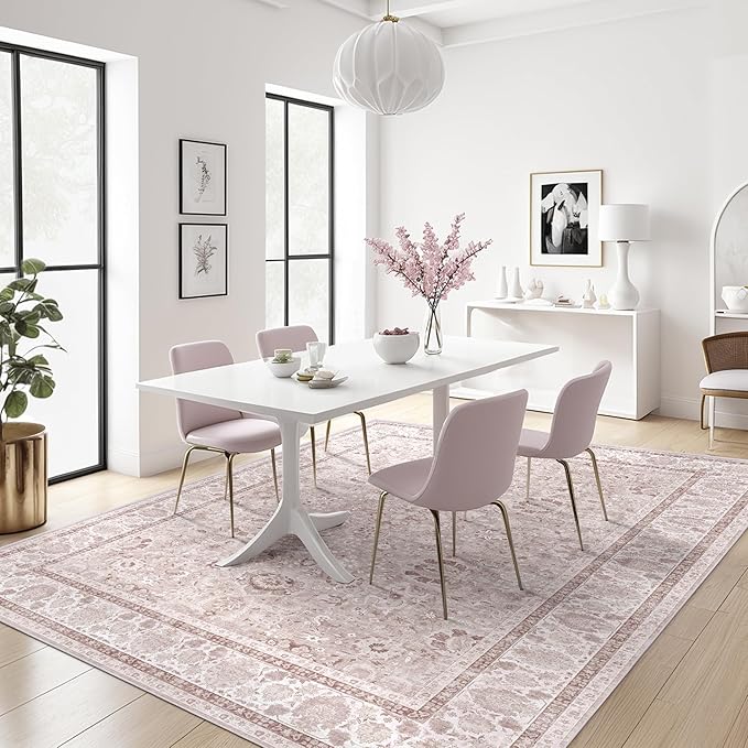 Light Pink Nursery Rug Large Area Rugs for Living Room Vintage Rug Boho Floral Washable Area Rugs 9x12 Indoor Carpet for Bedroom Dining Room Kids Room