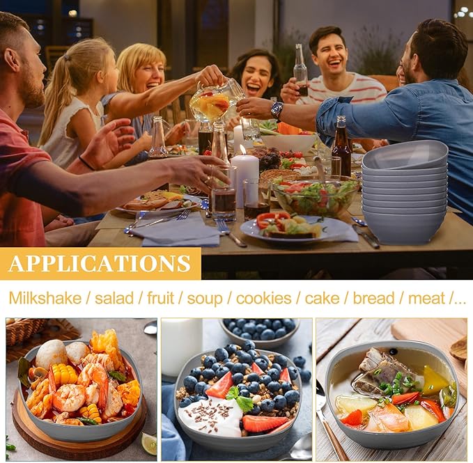 Gejoy 64 Pcs Unbreakable Cereal Reusable Wheat Straw Lightweight Bowls Microwave and Dishwasher Safe Soup Fiber Bowls for Kitchen Serving Salad Rice Snacks(Light Gray)