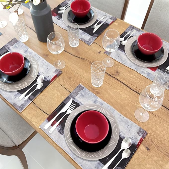 Red and Grey Modern Art Placemats Set of 4, Heat Resistant Non-Slip Artwork Dining Placemats, Washable Place Mats for Home Kitchen (Red and Grey, 18"X12")
