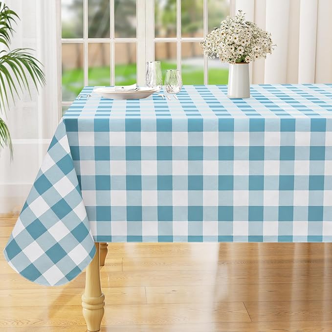 misaya Square Waterproof Vinyl Table Cloth, Buffalo Flannel Backed Tablecloth, Wipeable Plastic Table Cover for Dinner, Kitchen, Outdoor (54" x 54", Aquamarine and White)