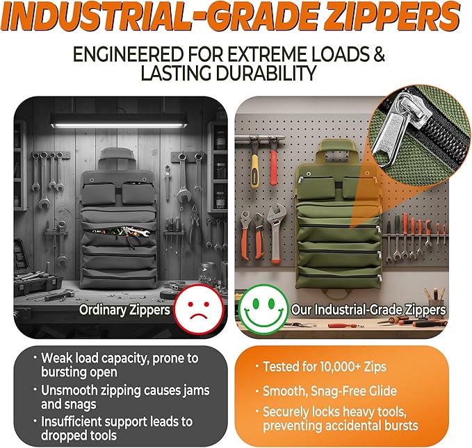 Heavy Duty Canvas Tool Roll Organizer - Multi-Purpose Wrench Pouch with 6 Zippered Pockets - Compact Car Trunk Storage for Mechanics, Electricians & Off-Road Emergency Kits (Green)