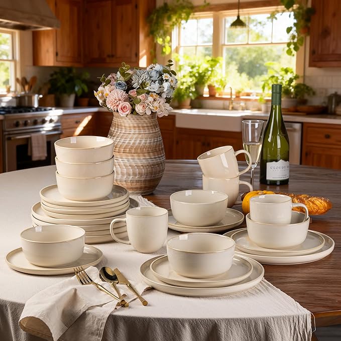 GBHOME Ceramic Dinnerware Sets for 8, 24 Pieces Stoneware Plates and Bowls Sets, Scratch Resistant Dishes, Dishwasher & Microwave Safe, Reactive Glaze-Vanilla color