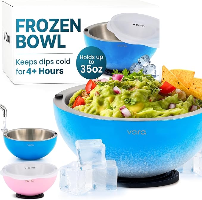 Vora 35oz Dip Chiller Bowl with Lid | 1 Pack Blue Stainless Steel Chilled Serving Bowl Keep Dips, Salads, and Appetizers Perfectly Cold with Leak-Resistant Ice Bowl for Effortless Hosting