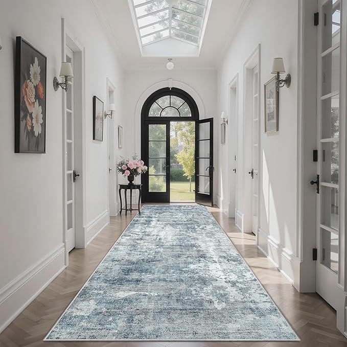 Runner Rug 2'x10' Abstract Washable Non-Slip Runner Rugs for Kitchen Bathroom Laundry Room Blue Vintage Floor Carpet Runners for Hallway Entryway