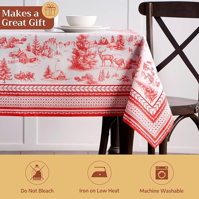 Maison d' Hermine Table Cloth Rectangle Table 100% Cotton 60 x 90 Inches Fall Tablecloth Reusable Everyday Use for Thanksgiving Christmas Decorations Dining Farmhouse Party (Winter Jouy)