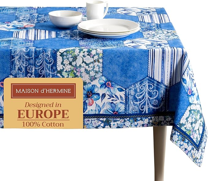Maison d' Hermine Table Cloth Rectangle Table 100% Cotton 60 x 90 Inches Tablecloth Reusable Decorative for Dining Room Farmhouse Home Valentines Day Decorations Spring Summer - Summer Blues