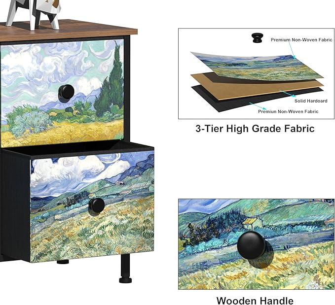 EXOTICA 6 Drawer Dresser for Bedroom Van Gogh Chest of Drawers Wide TV Stands Fabric Storage Drawer Unit for Living Room Entryway Closet Sturdy Steel Frame Wood Top