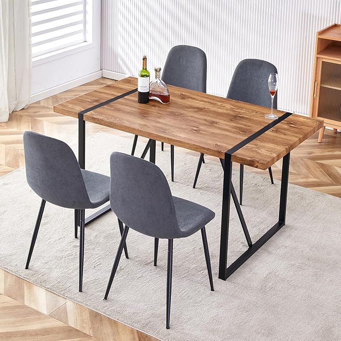 Kitchen Table Chairs Set of 4, Modern 55'' Dark Wood Dining Table and Fabric Dining Chairs Set of 4,Dining Table Set for 4,Ideal for Kitchen Dining Room