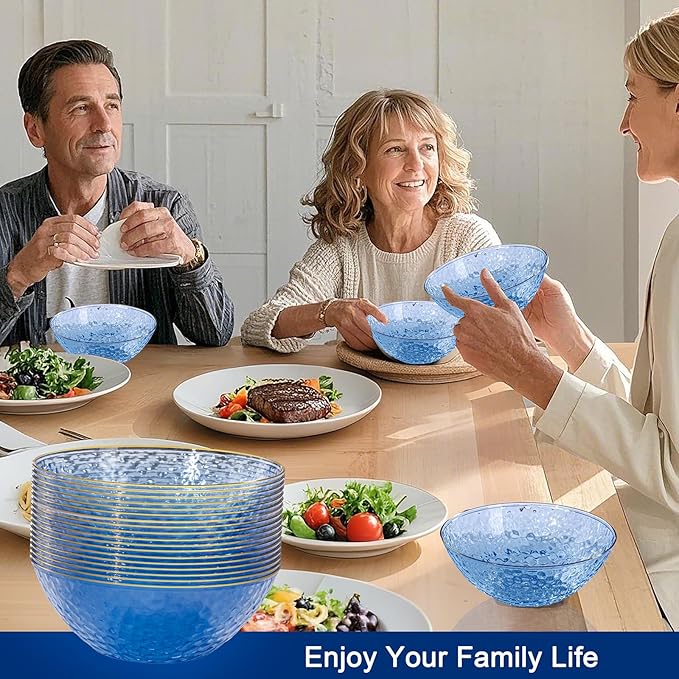 Rubtlamp 30 Pack Blue Disposable Bowls, Clear Plastic Bowls with Gold Rim, 12-16oz Premium Heavy Duty Plastic Dinner Bowls for Party, Wedding and Holiday