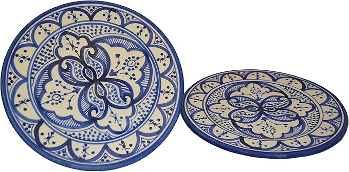 Set OF Two 8 Inches Plates Ceramic Moroccan Handmade Appetizer Tapas Serving Decorative White Blue