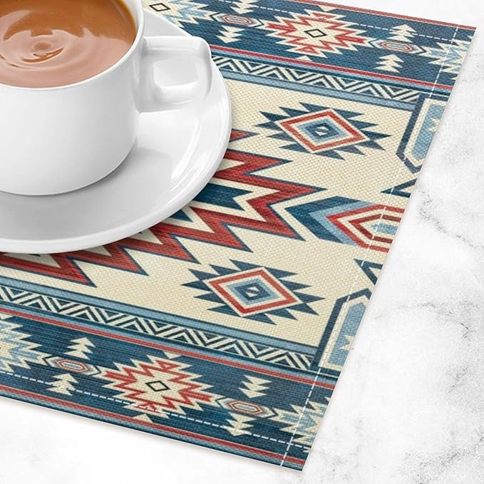 Ethnic Aztec Placemat Set, Vintage Bohemian Rustic Farmhouse Blue Red Mystic Native Tribal Geometric Totem Pattern Home Decor Linen Table Mats for Dining Room Kitchen Party (17x12in) x6P