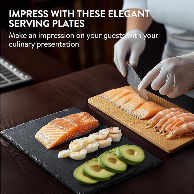 Navaris Slate Plates - Food Contact Safe Black Stone Plates - Cheese Platter Charcuterie Boards Serving Plate - Stone Slate Slab Cheese Board - Set of 8-11.8" x 7.9" (30 x 20cm)