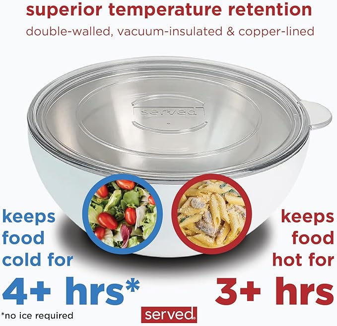 served Large Insulated Serving Bowl with Lid (100oz/3QT) - Double-Walled Stainless Steel Bowl for Hot & Cold Food - Vacuum Insulated, Spill-Resistant Thermal Bowl for Parties, Casseroles, Tailgates