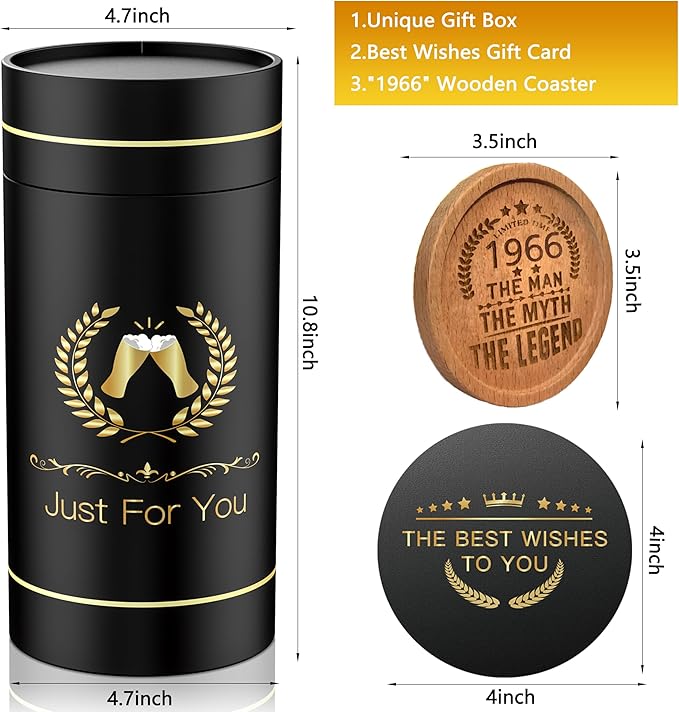 60th Birthday Beer Glasses Gifts, Personalized '1966' Vintage Glass Ware Set for Men, Black Gift Package with Drinking Glass, Coaster, and Card for 60 Years Old Man