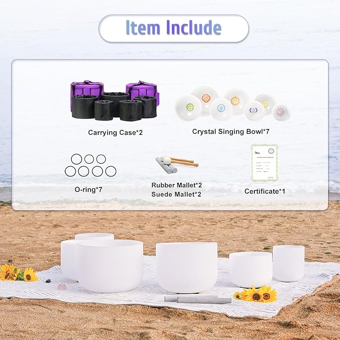 440HZ 6"-12" Set of 7 Paternoster Frosted Quartz Crystal Singing Bowl Set for Chakra Healing with 2 pcs Carrying Case