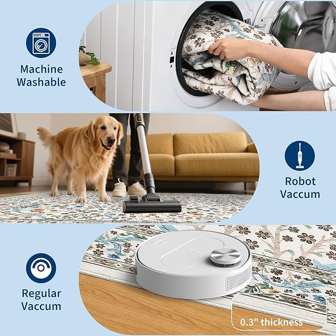 GarveeHome Floral 3x5 Area Rugs for Entryway, Washable Kitchen Rug Non Slip, Low Pile Bedroom Rug, Ultra Soft Stain Resistant Small Carpet for Laundry Room, Beige