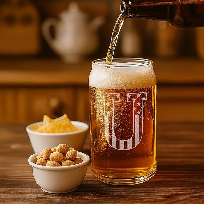 Monogram Beer Glasses for Men (A-Z) 16 oz - Beer Gifts for Men Brother Son Dad Neighbor - Unique Gifts for Him - Personalized Drinking Gift Beer Glass Mugs - Engraved Beer Can Glass (U)