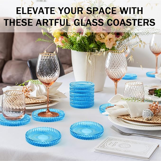 Vintage Glass Coasters, GOH DODD Set of 8 Crystal Coasters Tabletop Protection for Drinks, Home Decor, Kitchen, Living Room, Patio, Wedding, Party, Housewarming Gifts, Clear Blue