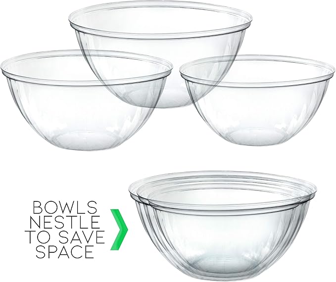PLASTICPRO Disposable Combo Set of Salad Bowl Includes 2, 48 Ounce 2, 96 oz 2, 150 Ounce Round Crystal Clear Plastic Serving Bowl