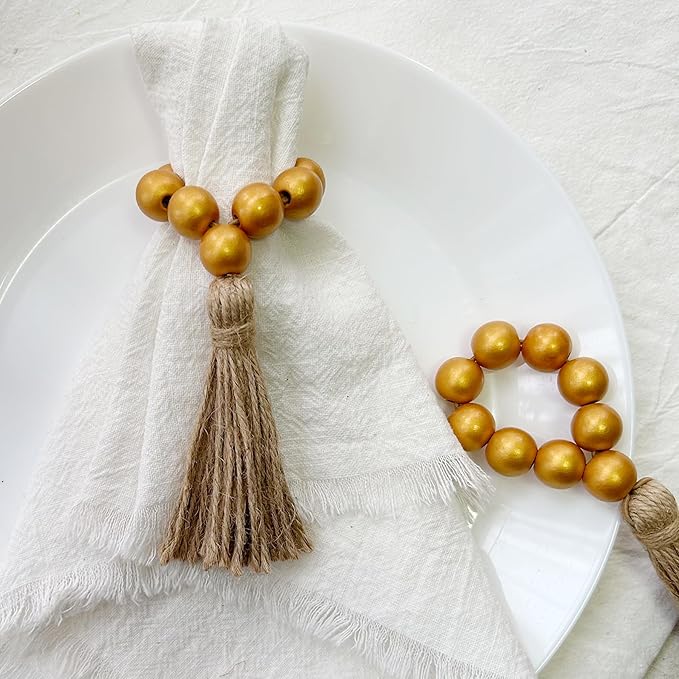 Napkin Rings Set of 12,Wooden Napkin Rings,Wood Bead Elastic Farmhouse Napkin Ring with Tassel,Boho Napkin Holder for Table Decor,Weeding,Dinner,Party(Gold)