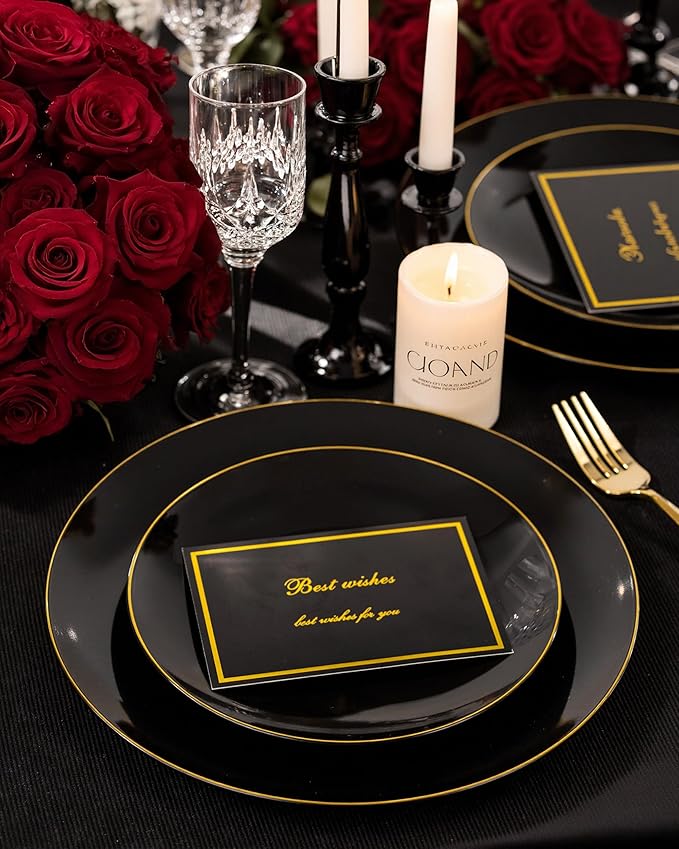 Nervure 100 Pieces Black Plastic Plates - 7.5inch Black Dessert Plates - Disposable Gold Plastic Plate - Disposable Plate Ideal for Wedding & Party