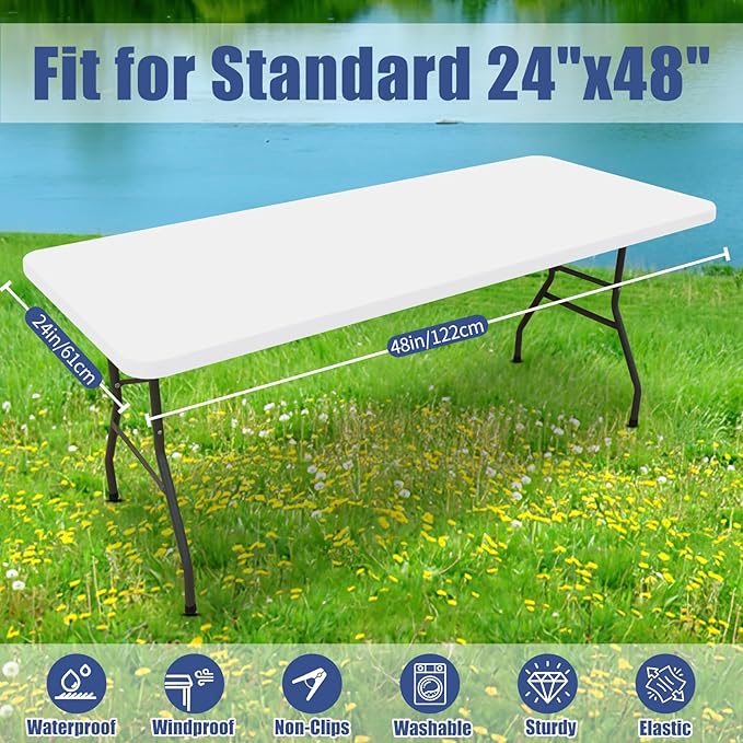 Spandex 4 Foot Rectangle Table Cloth 2 Pack, Elastic Fitted Tablecloths for Picnic, Stretch Washable Patio Table Cover for Outdoor, Camping, Banquet and Parties (White, 24"x48")