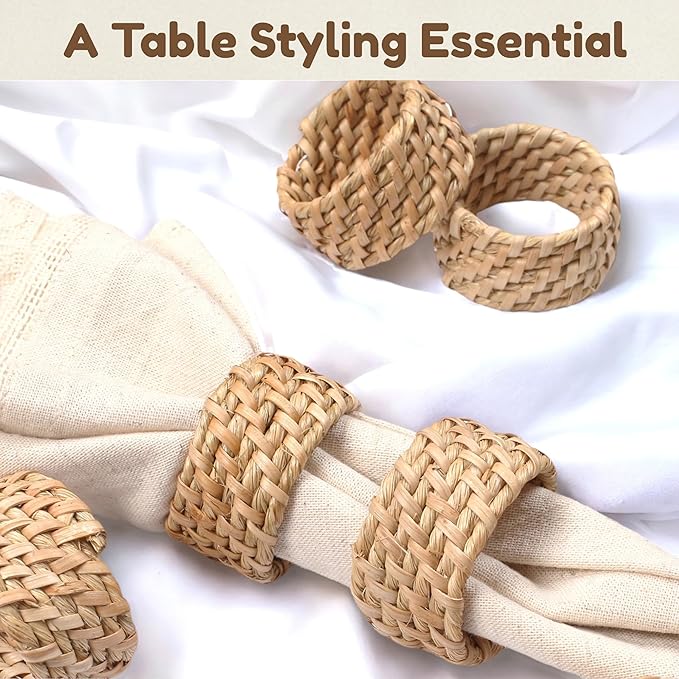CLEENTABLE Jute Napkin Ring, Nautical Woven Napkin Rings Set of 12 - Handcrafted Cane Table Decor, 1.5" Diameter Coastal Napkin Holders for Weddings, Parties & Everyday Dining (Natural)