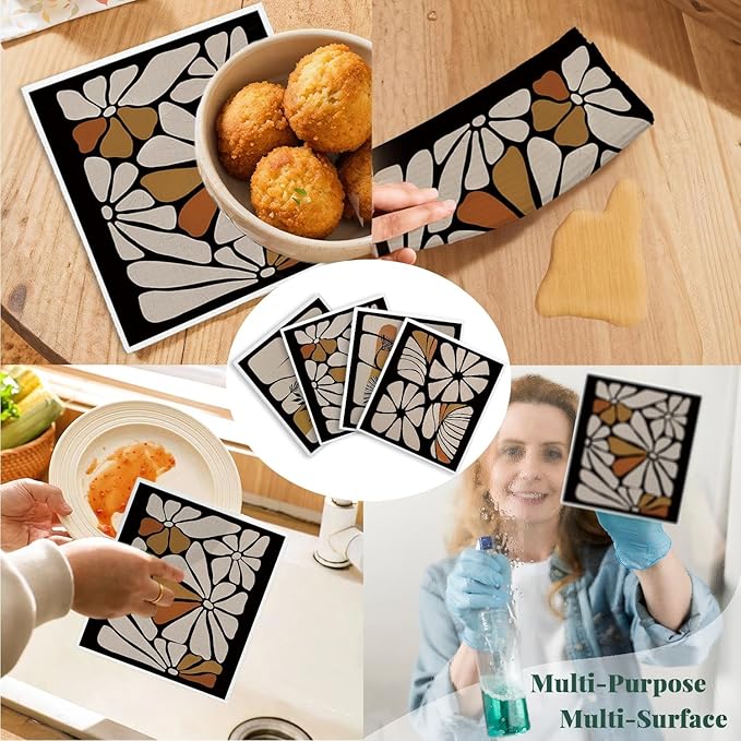 Swedish Dishcloths for Kitchen, Boho Floral Botanical Swedish DishCloths, Papaya Reusable Paper Towels Washable, 4 Pcs Dish Towels for Kitchen Party Home Housewarming Cleaning Cloths