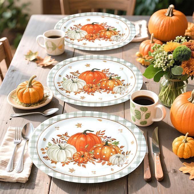 Grencian 50Pcs Fall Oval Paper Plates 10" x 12" Gray Plaid Orange Pumpkin Plate Disposable Fall Pumpkin White Plates Tableware Sets for Thanksgiving Autumn Holiday Dinner Party Supplies Decoration