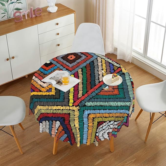 Laeacco 42 Inch Colorful Patchwork Round Tablecloth Woven Geometric Pattern Abstract Art Print Table Cloth Washable Waterproof Wrinkle Free Table Cover for Kitchen Dining Picnic Party Decoration