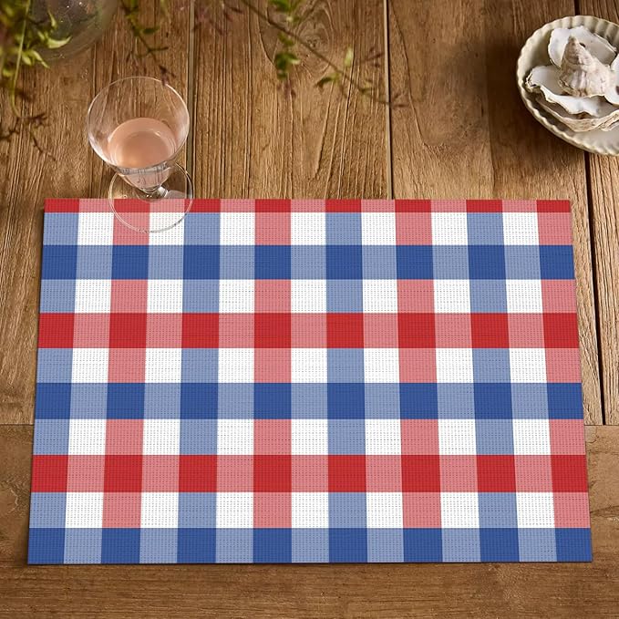 Artoid Mode Buffalo Plaid Vinyl Placemats Set of 4, 12x18 Inch Washable Non-Slip Heat Resistant Plastic Place Mats for Party Dining Table, Blue/Red