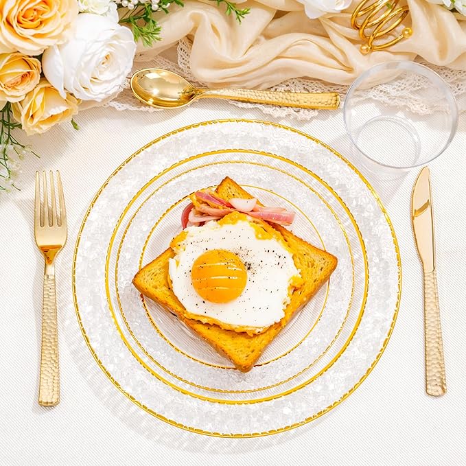 Ciaell 150PCS Clear Gold Plastic Plates - Disposable Gold Rim Plates include 25Dinner Plate, 25Dessert Plate, 25Forks, 25Knives, 25Spoons, 25Cups for Wedding & Party