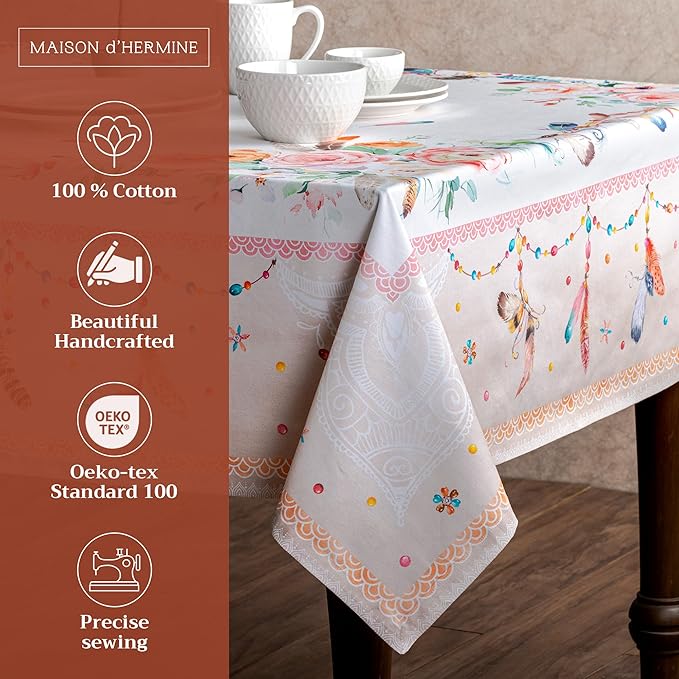 Maison d' Hermine Table Cloth Rectangle Table 100% Cotton 60 x 90 Inches Tablecloth Reusable Decorative for Dining Room Farmhouse Home Valentines Day Decorations Spring Summer - Ibiza - Beige