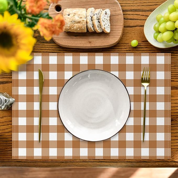 AOFOTO Brown Plaid Placemats Set of 4 for Dining Table Brown and White Checkered Place Mats Washable Rectangular Stripes Table Mats for Party Home Kitchen Restaurant Decor 12x18 Inch