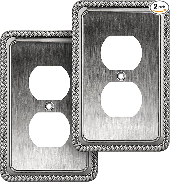 Henne Bery Rope Edge Decorative Wall Plate Switch Plate Outlet Cover (Single Duplex, 2 Pack, Heirloom Silver)