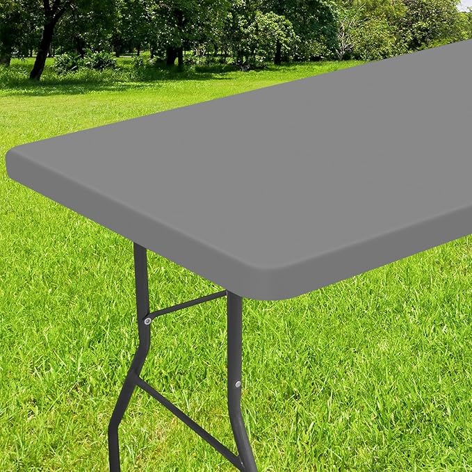 Smiry Rectangle Tablecloth, Elastic Fitted Flannel Backed Vinyl Tablecloths for 6ft Folding Tables, Waterproof Wipeable Table Covers for Indoor, Outdoor, Picnic and Camping (Grey, 30"x72")