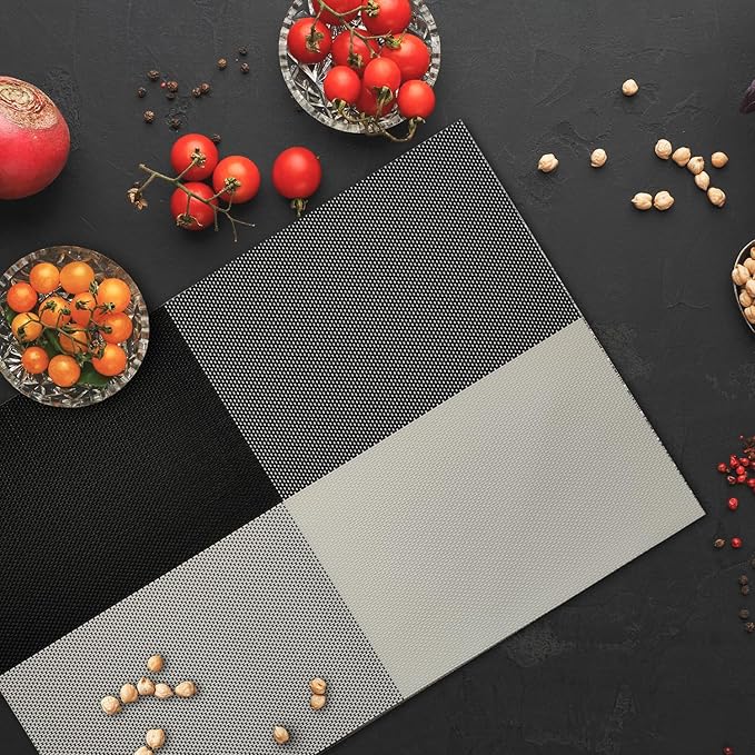 Placemats Set of 4 - Washable Woven Vinyl Placemats, Heat Resistant, Non-Slip, Easy to Clean Water Resistant Table Mats for Indoor/Outdoor Dining, Kitchen, Patio (4, Black White Square)