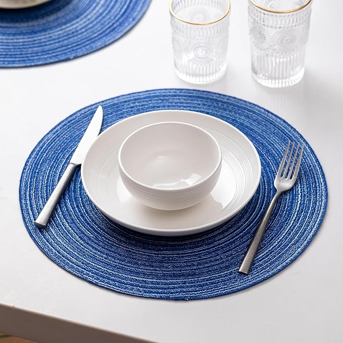 Round Placemats Set of 8 Woven Placemats Washable Braided Table Mats for Dining Table Heat Resistant Non-Slip Circle Place Mats(Royal Blue)