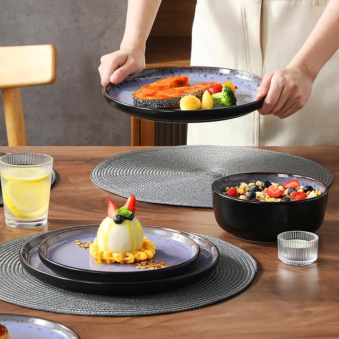vancasso Plates and Bowls Sets, 24 Pieces Stoneware Dinnerware Sets for 8, Kitchen Dish Set Mircowave and Dishwasher Safe Ceramic Dishware, Purple, Series AMBER