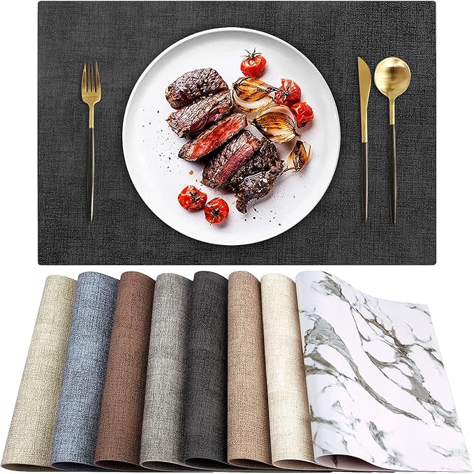 Leather Heat Resistant Placemats Set of 6 Waterproof Wipeable Washable PU Table Mats,Easy to Clean Anti-Slip Place Mats (Dark Grey, 6)